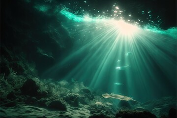  an underwater view of the ocean floor with sunlight streaming through the water and a fish swimming in the water below the water surface and rocks. generative ai