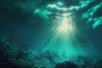 Fototapeta na wymiar an underwater view of the ocean with sunlight coming through the water and a rock under the water's surface, with the sun shining through the water's surface. generative ai