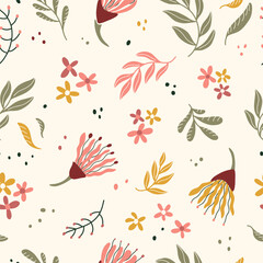 Seamless floral pattern with exotic flowers, branches and daisies. Hand draw vector design for paper, wrapping, cover, fabric, interior decor and other users