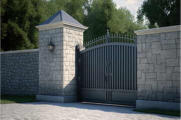  a gate with a clock on the top of it and a stone wall behind it and a brick wall behind it with a gate and a clock on top.  generative ai