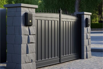  a gate that is made of stone and has a security box on top of it and a keyhole on the side of the gate.  generative ai