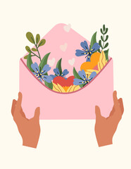 Beautiful postcard with bouquet of spring flowers inside the envelope. A floral arrangement for celebrating a birthday, wedding, mother's day, spring, etc. Vector illustration.