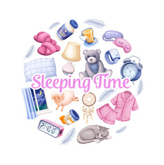 Sleeping time banner design template vector illustration. Cartoon isolated bedtime elements for healthy sleep and relax at night in round frame with text, cute pajamas party in bedroom background