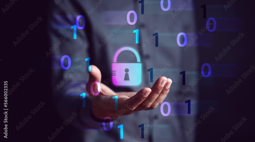 Poster Cybersecurity and privacy concepts to protect data. businessman with internet network security technology. Businessman locking personal data on computer with virtual screen interfaces. cyber security.