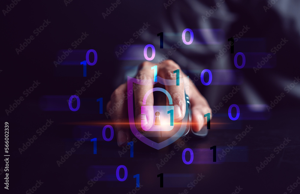 Poster Cybersecurity and privacy concepts to protect data. businessman with internet network security technology. Businessman locking personal data on computer with virtual screen interfaces. cyber security.