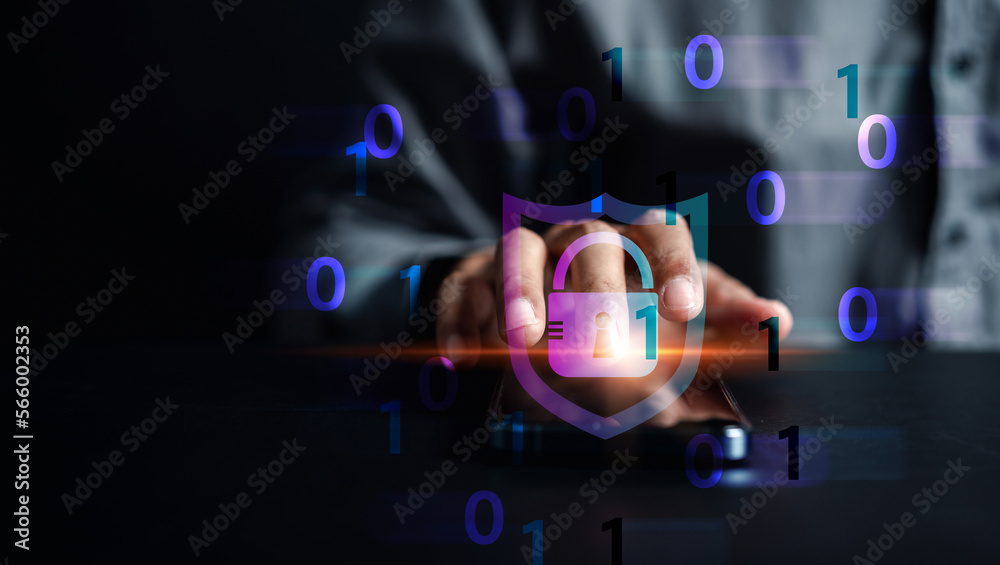 Poster Cybersecurity and privacy concepts to protect data. businessman with internet network security technology. Businessman locking personal data on computer with virtual screen interfaces. cyber security.
