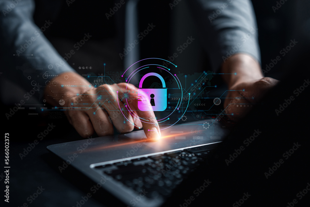 Poster Cybersecurity and privacy concepts to protect data. businessman with internet network security technology. Businessman locking personal data on computer with virtual screen interfaces. cyber security.