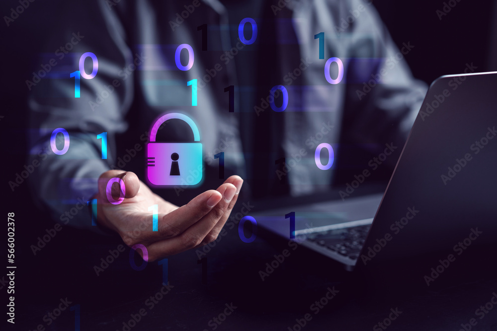 Poster Cybersecurity and privacy concepts to protect data. businessman with internet network security technology. Businessman locking personal data on computer with virtual screen interfaces. cyber security.