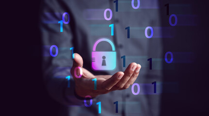 Fototapeta premium Cybersecurity and privacy concepts to protect data. businessman with internet network security technology. Businessman locking personal data on computer with virtual screen interfaces. cyber security.