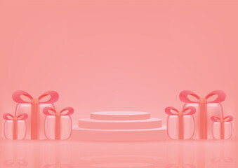 Holiday, present, celebration background with 3D  podium product with 3D isolated pink gift boxes 