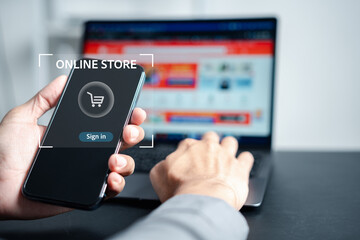 Access paying online payment concept. Man hand using smart phone, banking and online shopping via banking mobile app, E-transaction and financial technology, E-commerce delivery online payment.