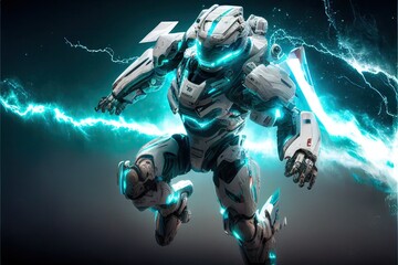 Fototapeta premium Awesome white cosmonaut robot, moving, cosmos background. ai generative