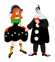 Columbine and Pierrot. Principal characters of italian traditional comedy. Commedia dell'arte. Vector isolated illustration. Love concept. Happy Valentine's Day!