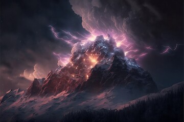 Fototapeta premium Snowy peak of rocky mountains under heavy cumulus clouds.
