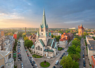 Fototapeta na wymiar Wroclaw, Poland. Aerial view of St Augustine's Church in Krzyki district