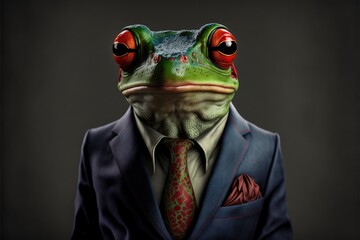 Portrait of a red eye tree frog in a business suit