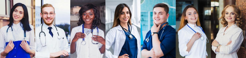 Collection of professional doctors portraits with smiling successful medical workers, physicians...