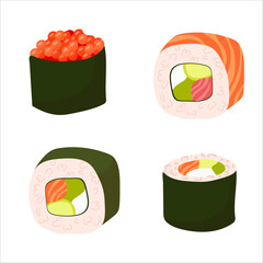 Set for sushi. Different types of sushi and rolls. Traditional Japanese roll, with tobiko caviar, original with Philadelphia cheese and soy sauce, salmon and king prawns. Vector illustration