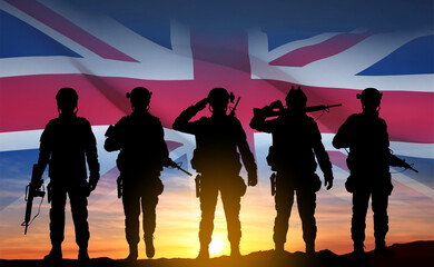Silhouettes of a soldiers with United Kingdom flag on background of sky. Background for Remembrance Day. United Kingdom Armed Forces concept. EPS10 vector