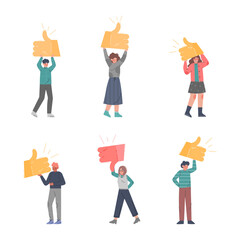 People Characters Holding Like Signs with Thumb Up and Down as Notification of Approval and Disapproval Vector Illustration Set