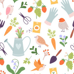 Springtime vector seamless pattern with flat birds and garden tools. Vegetables, seeds and berries. Floral bouquet in watering can, racy vector background