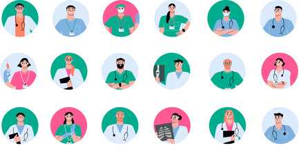 Fototapeta premium Doctor, medical specialists avatars collection. Team professional doctors portraits. Isolated medicine hospital team, sapid staff vector icons