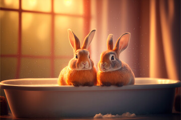 Two cute baby brown rabbit in the bathtub, blurred light yellow background, generative ai