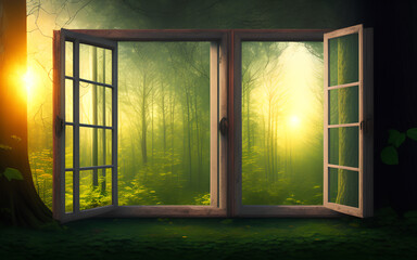 View to the window on morning misty forest. Generative Al Illustration.