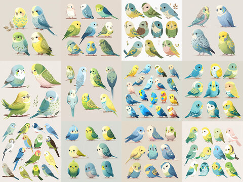 A large collection of adorable pet budgie birds illustrations made with Generative AI