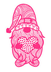 Pink gnome print. Mandala print. Valentine's day art. Isolated on transparent background.