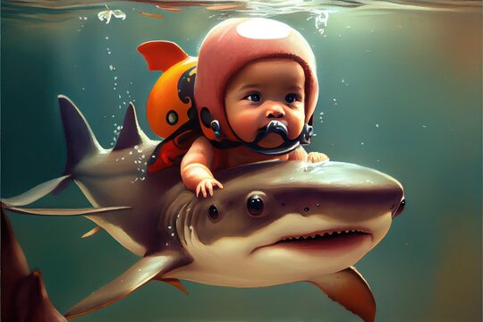 Baby riding on a baby shark