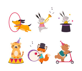 Cute Circus Animal Characters Tame Artist Performing Trick Vector Set