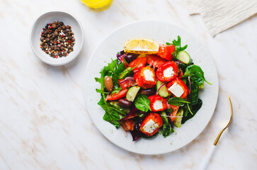 Greek Salad, Fresh Salad with Feta Cheese and Roasted Bell Peppers, Healthy Food