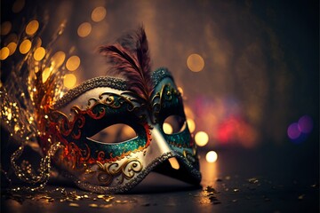 Venetian mask on dark bokeh background. Generative Ai