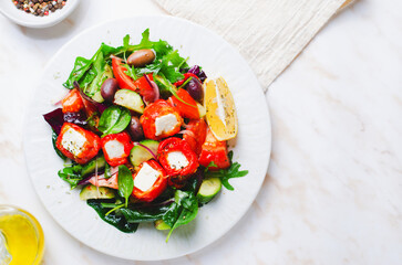 Greek Salad, Fresh Salad with Feta Cheese and Roasted Bell Peppers, Healthy Food