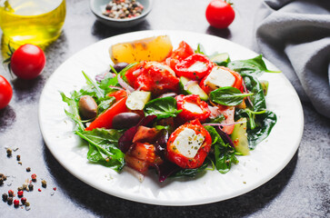 Greek Salad, Fresh Salad with Feta Cheese and Roasted Bell Peppers, Healthy Food
