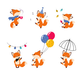 Cute Little Fox Engaged in Different Activity Vector Set