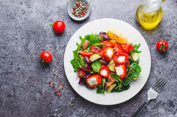 Greek Salad, Fresh Salad with Feta Cheese and Roasted Bell Peppers, Healthy Food