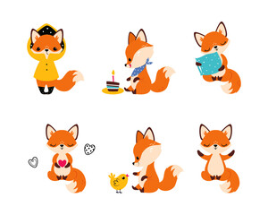 Cute Little Fox Engaged in Different Activity Vector Set