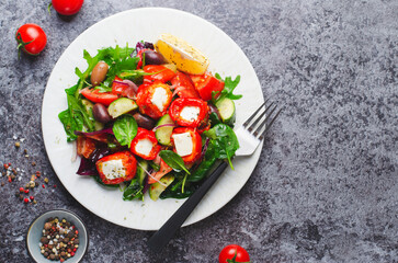 Greek Salad, Fresh Salad with Feta Cheese and Roasted Bell Peppers, Healthy Food