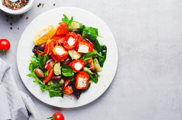 Greek Salad, Fresh Salad with Feta Cheese and Roasted Bell Peppers, Healthy Food
