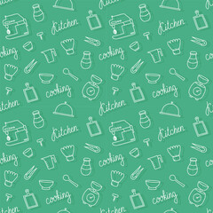 Naklejka premium Seamless pattern with white hand drawn sketchy kitchenware on green background. Wrapping paper, tablecloth, napkin or textile design with cooking tools. Wallpaper for restaurant menu, bakery, cookbook