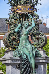 Symbolic sculpture of Amiens - Dewailly Clock (l'horloge Dewailly) near Amiens Cathedral. Dewailly Clock built in 1892. Amiens, Picardy, Somme, France.