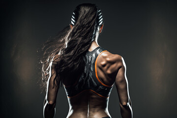 Fototapeta na wymiar Black hair fitness woman showing us her progress in gym - back view. Perfect for motivational content