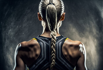 Fototapeta na wymiar Silver hair female athlee exposes us her strong power upper back muscles