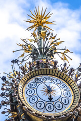 Symbolic sculpture of Amiens - Dewailly Clock (l'horloge Dewailly) near Amiens Cathedral. Dewailly Clock built in 1892. Amiens, Picardy, Somme, France.
