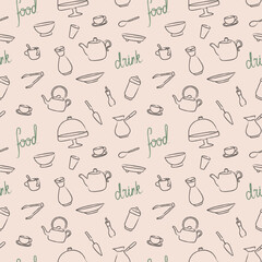Seamless pattern with brown hand drawn sketchy kitchenware and green text on beige background. Wrapping paper, tablecloth, napkin design with cooking tools. Wallpaper for menu, bakery, cooking book