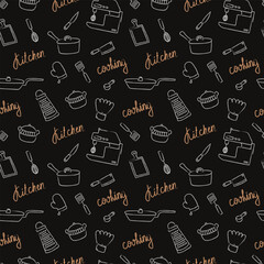 Seamless pattern with white hand drawn sketchy kitchenware and orange text on chalkboard background. Wrapping paper with cooking tools, cutlery. Wallpaper for restaurant menu, bakery, cooking book