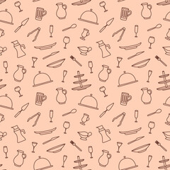 Seamless pattern with brown hand drawn sketchy kitchenware on beige background. Wrapping paper, tablecloth, napkin or textile design with cooking tools. Wallpaper for restaurant menu, bakery, cookbook