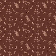 Seamless pattern with beige hand drawn sketchy kitchenware on brown background. Wrapping paper, tablecloth, napkin or textile design with cooking tools. Wallpaper for restaurant menu, bakery, cookbook